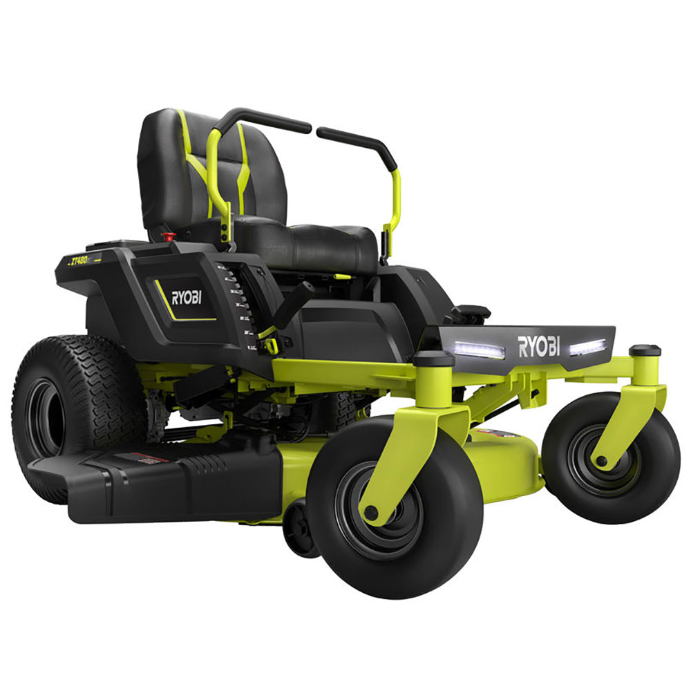 tondeuse autoportée ryobi ztr480ex à rayon de braquage zéro moteur électrique sur batterie 48v100ah coupe de 107cm 2en1